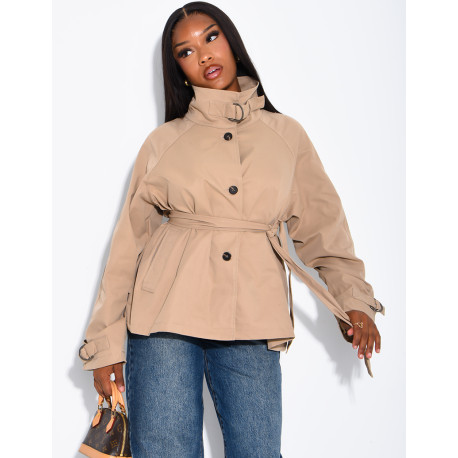 Short trench coat with belted collar