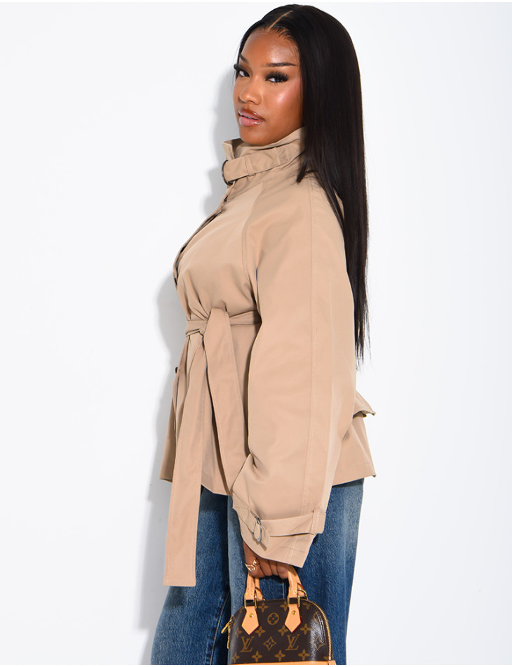 Short trench coat with belted collar