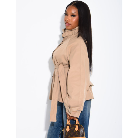 Short trench coat with belted collar