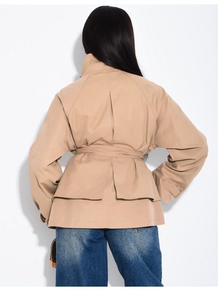 Short trench coat with belted collar