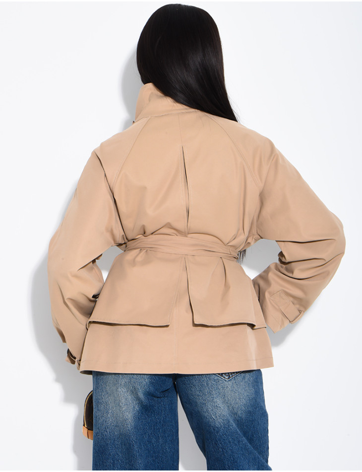 Short trench coat with belted collar