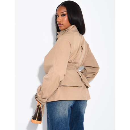Short trench coat with belted collar