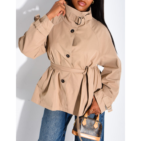 Short trench coat with belted collar