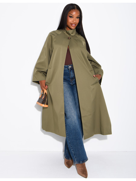 Oversized trench coat with a stand-up collar and side slits