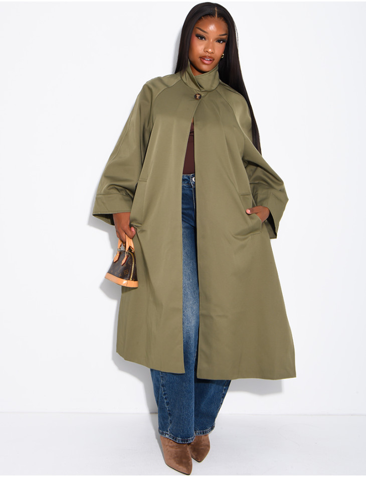 Oversized trench coat with a stand-up collar and side slits