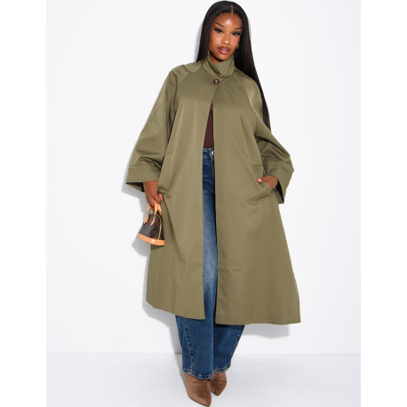 Oversized trench coat with a stand-up collar and side slits