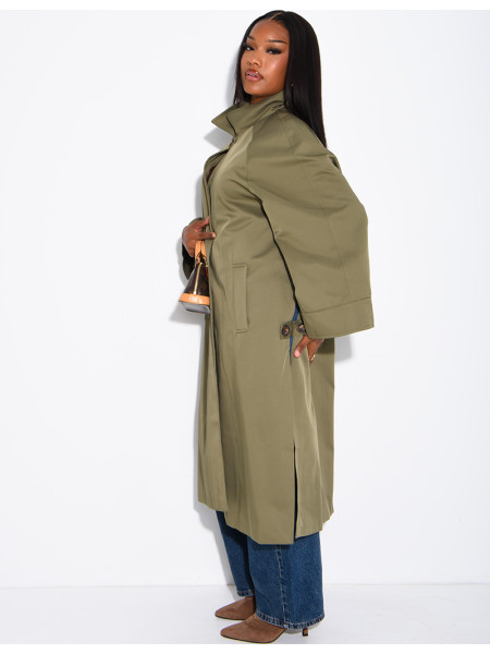 Oversized trench coat with a stand-up collar and side slits