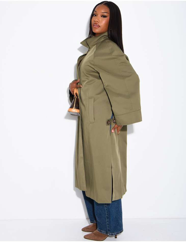 Oversized trench coat with a stand-up collar and side slits