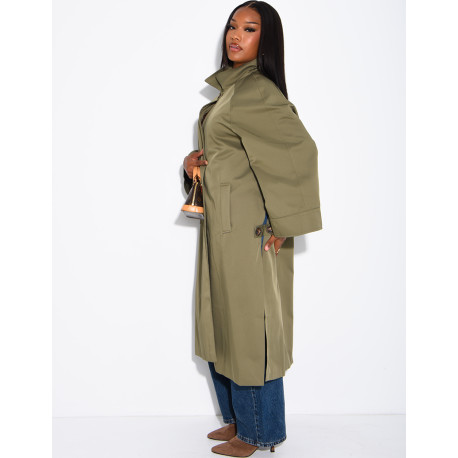 Oversized trench coat with a stand-up collar and side slits