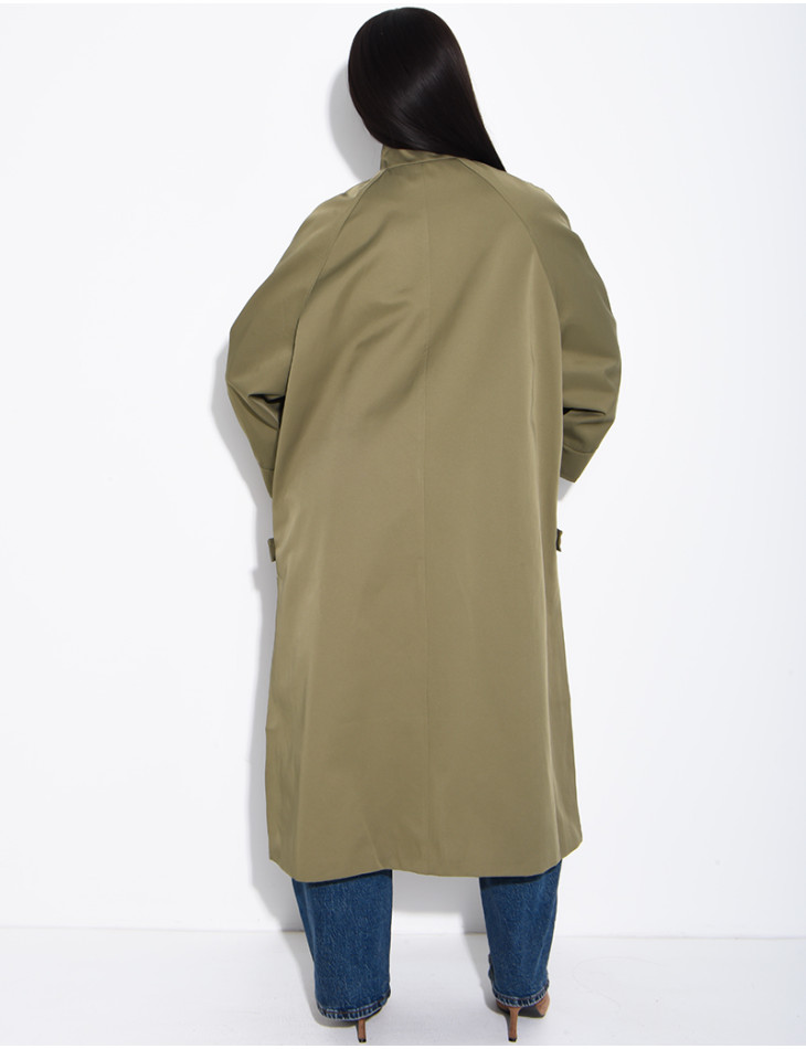 Oversized trench coat with a stand-up collar and side slits