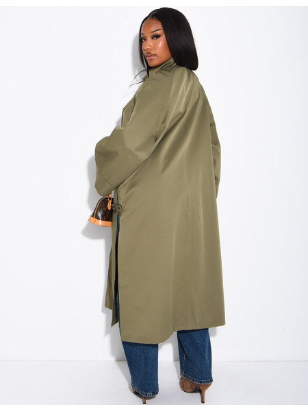 Oversized trench coat with a stand-up collar and side slits