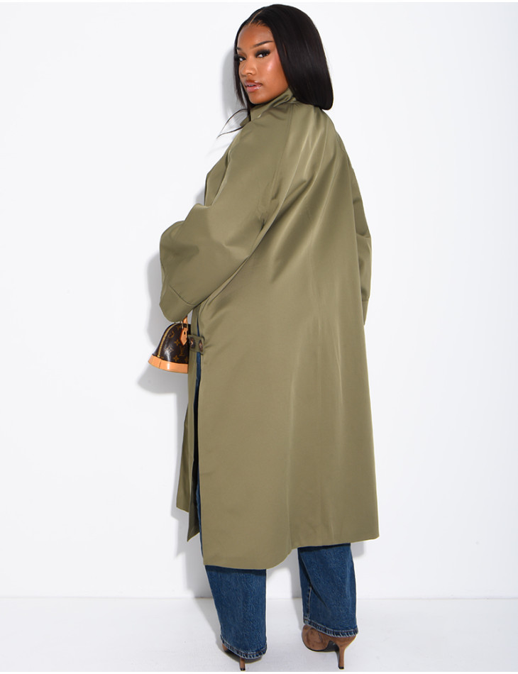 Oversized trench coat with a stand-up collar and side slits