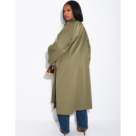 Oversized trench coat with a stand-up collar and side slits