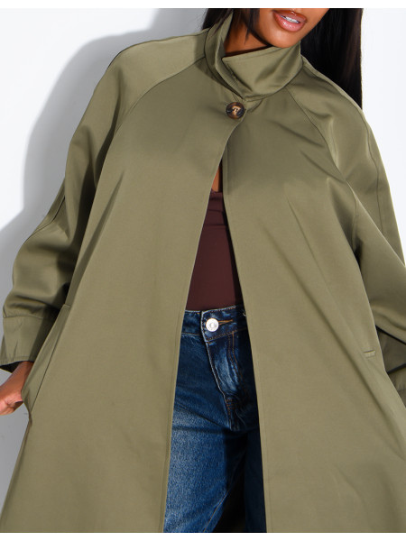 Oversized trench coat with a stand-up collar and side slits