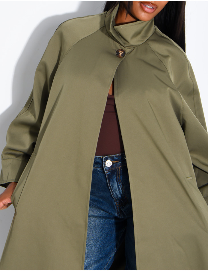 Oversized trench coat with a stand-up collar and side slits