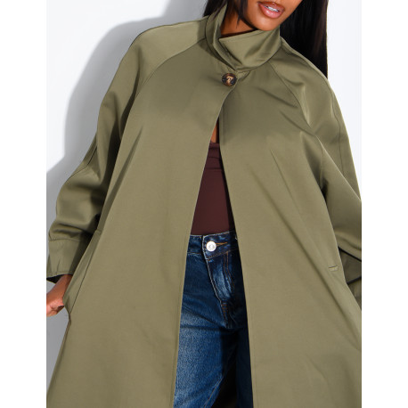 Oversized trench coat with a stand-up collar and side slits
