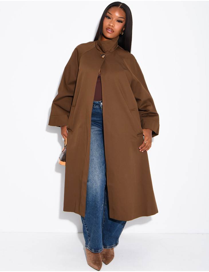 Oversized trench coat with a stand-up collar and side slits