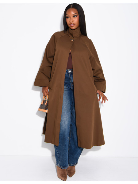 Oversized trench coat with a stand-up collar and side slits