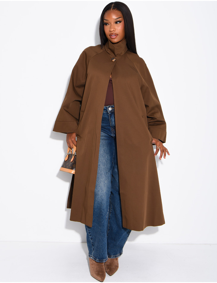 Oversized trench coat with a stand-up collar and side slits