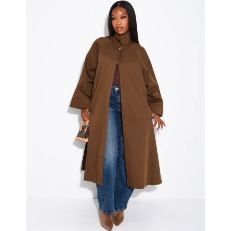 Oversized trench coat with a stand-up collar and side slits