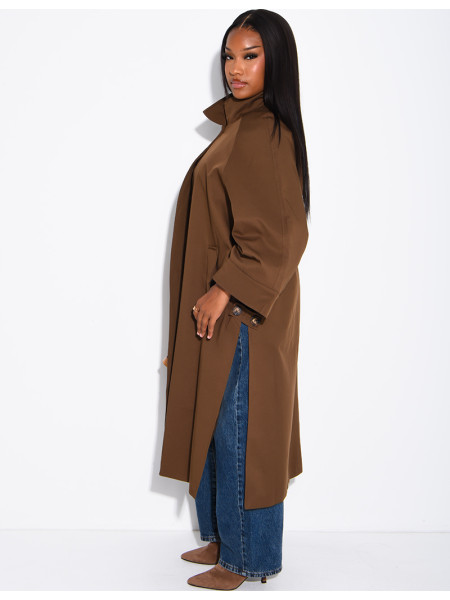 Oversized trench coat with a stand-up collar and side slits