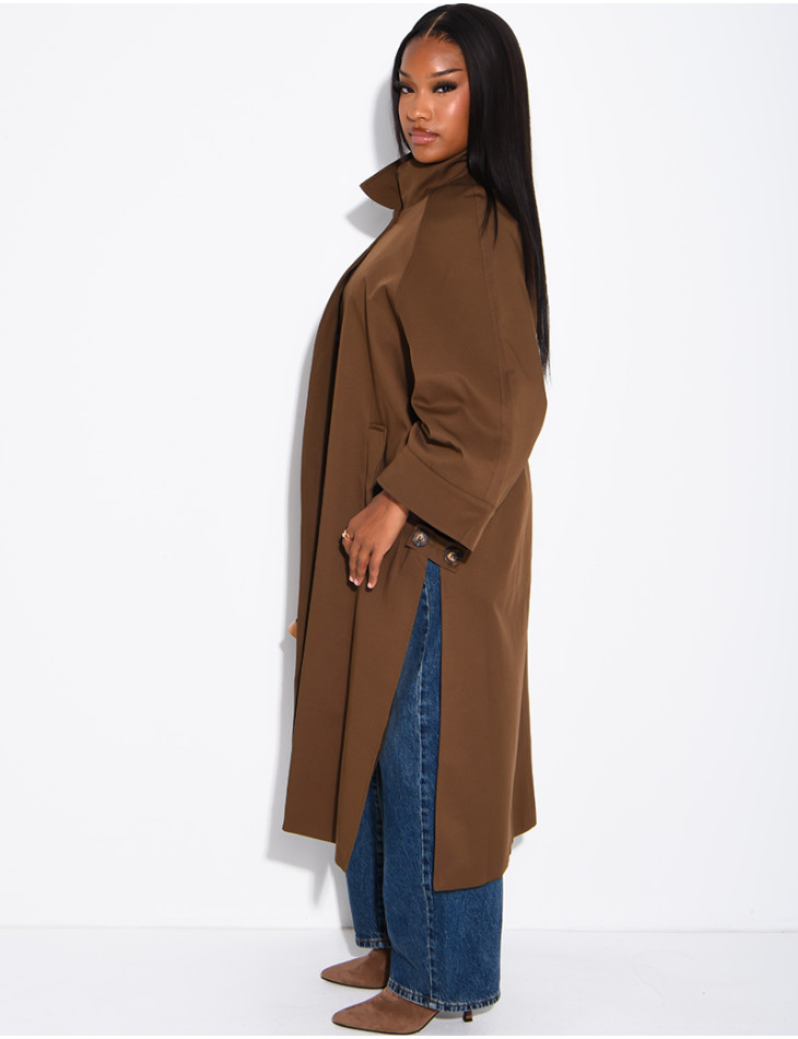 Oversized trench coat with a stand-up collar and side slits