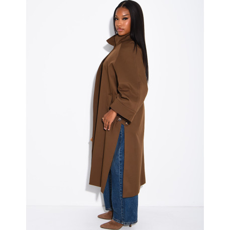 Oversized trench coat with a stand-up collar and side slits