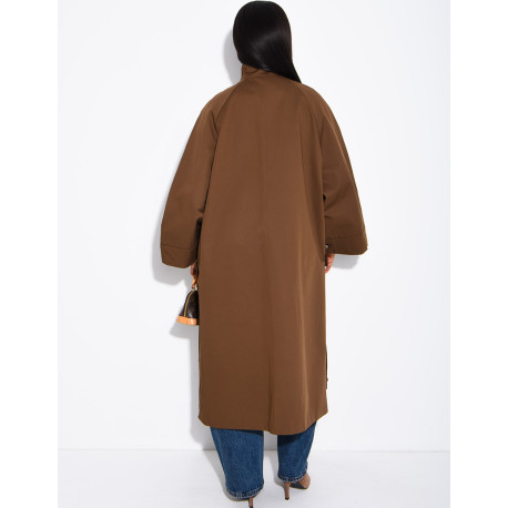 Oversized trench coat with a stand-up collar and side slits
