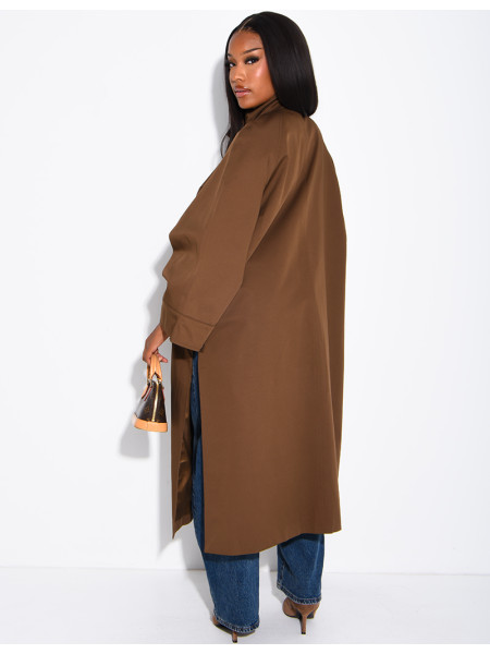 Oversized trench coat with a stand-up collar and side slits