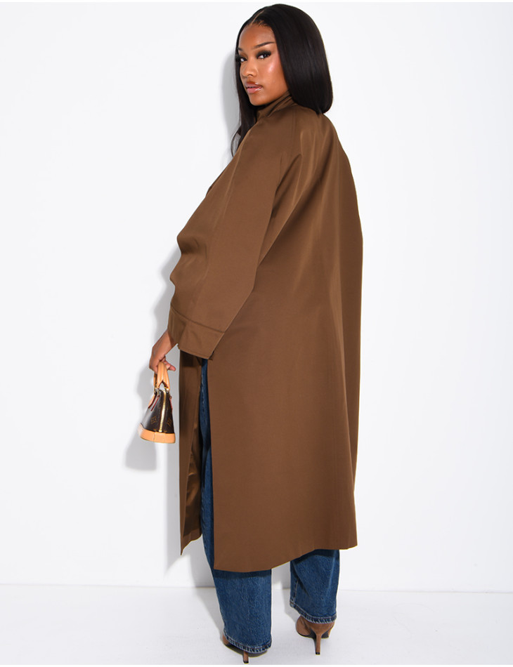 Oversized trench coat with a stand-up collar and side slits