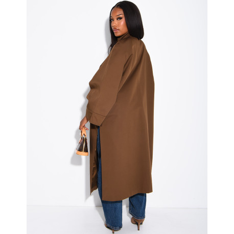 Oversized trench coat with a stand-up collar and side slits