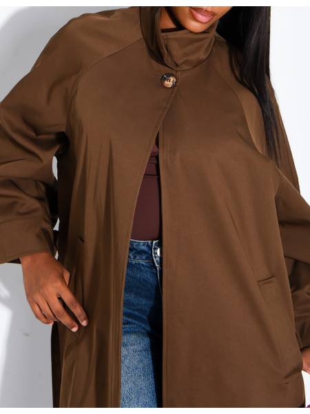 Oversized trench coat with a stand-up collar and side slits