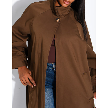 Oversized trench coat with a stand-up collar and side slits