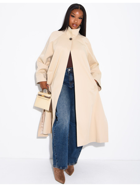 Oversized trench coat with a stand-up collar and side slits