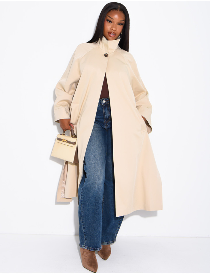 Oversized trench coat with a stand-up collar and side slits