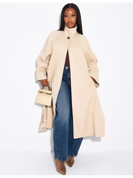 Oversized trench coat with a stand-up collar and side slits