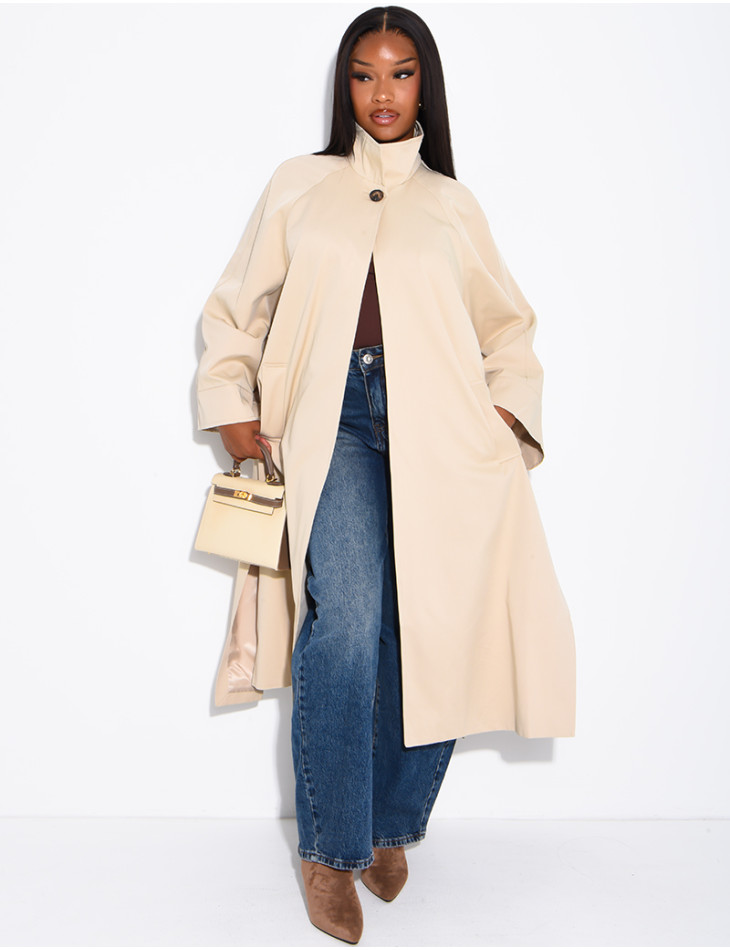 Oversized trench coat with a stand-up collar and side slits