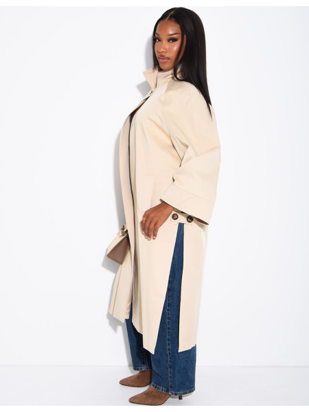 Oversized trench coat with a stand-up collar and side slits