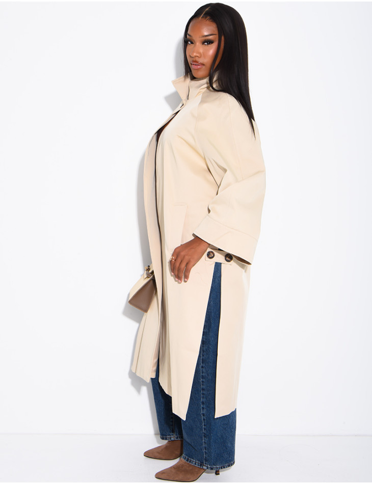 Oversized trench coat with a stand-up collar and side slits