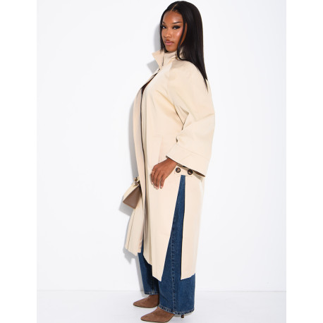 Oversized trench coat with a stand-up collar and side slits