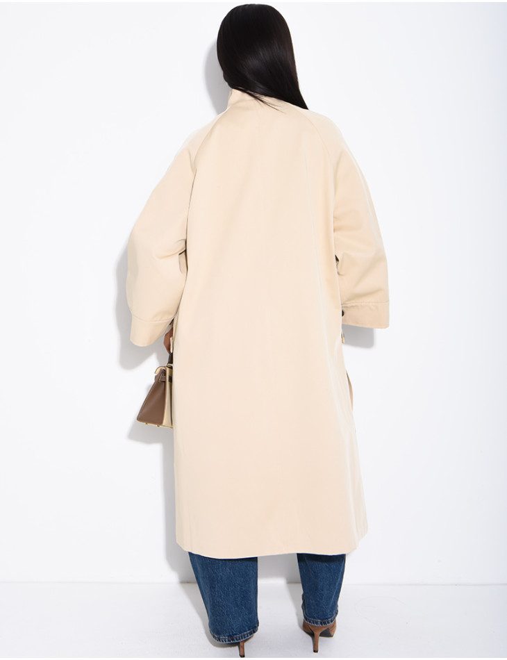 Oversized trench coat with a stand-up collar and side slits