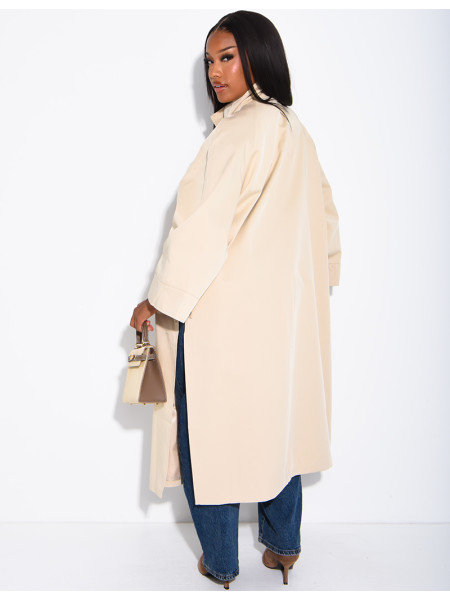Oversized trench coat with a stand-up collar and side slits