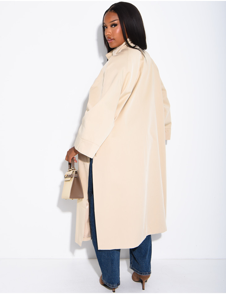 Oversized trench coat with a stand-up collar and side slits