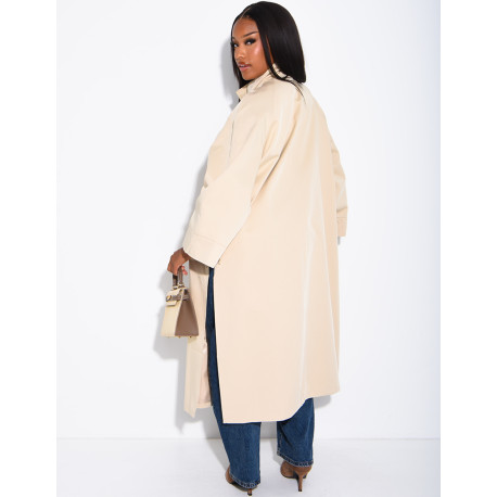 Oversized trench coat with a stand-up collar and side slits
