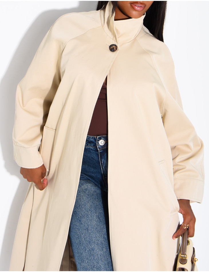 Oversized trench coat with a stand-up collar and side slits