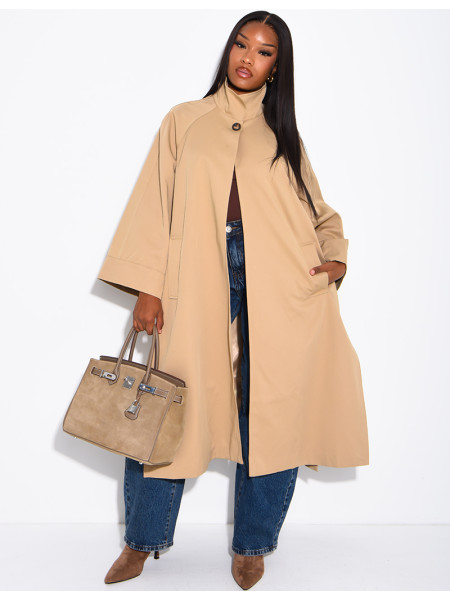 Oversized trench coat with a stand-up collar and side slits