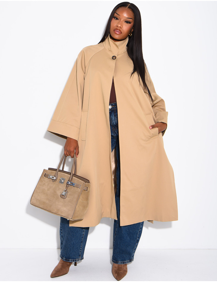 Oversized trench coat with a stand-up collar and side slits