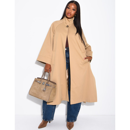 Oversized trench coat with a stand-up collar and side slits
