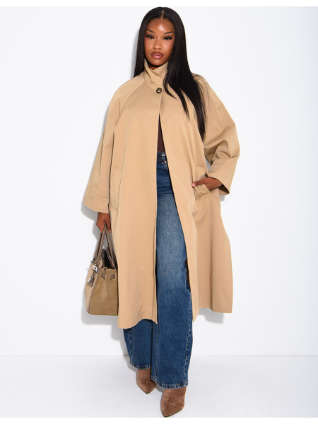 Oversized trench coat with a stand-up collar and side slits