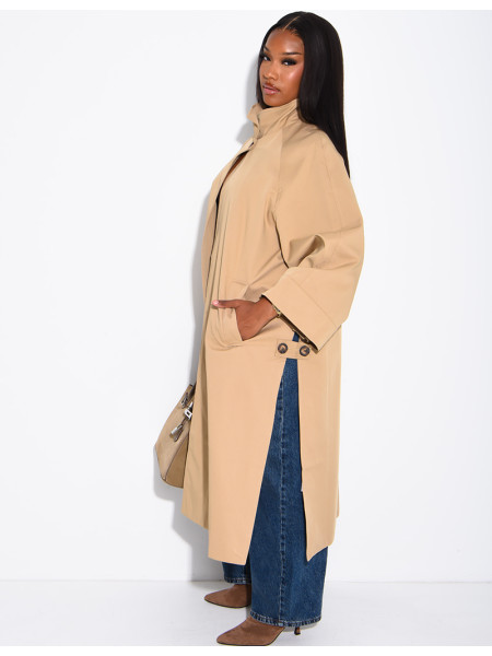 Oversized trench coat with a stand-up collar and side slits